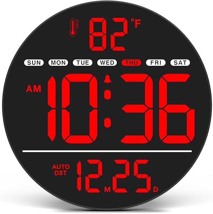 WallarGe Large Digital Wall Clock with LED Display, Electric Wall Clock with Temperature, Auto DST, Date, and Day, 5-Level Brightness for Office, Bedroom, Living Room, Classroom Décor