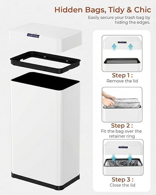 TLSUNNY 13.2 Gallon Motion Sensor Trash Can,Touchless Automatic Garbage Can,Brushed Stainless Steel Smart Bin,with Bag Holder,Soft Close Lid,for Kitchen,Office,RV,Bedroom,Living Room (White, 50L)