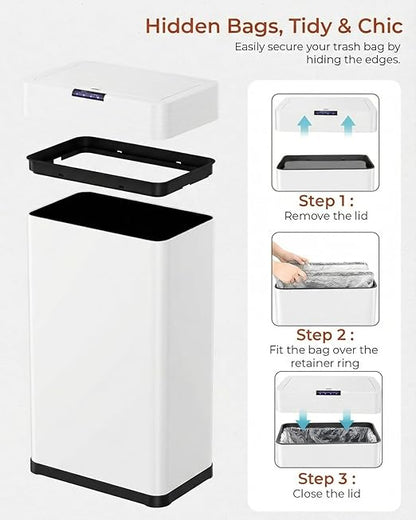 TLSUNNY 13.2 Gallon Motion Sensor Trash Can,Touchless Automatic Garbage Can,Brushed Stainless Steel Smart Bin,with Bag Holder,Soft Close Lid,for Kitchen,Office,RV,Bedroom,Living Room (White, 50L)