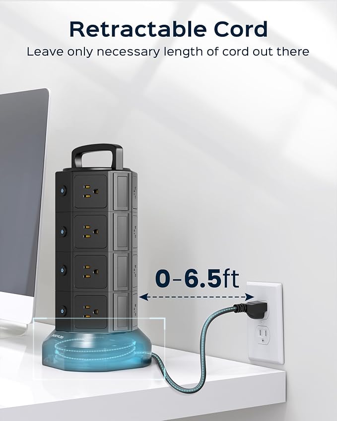 Power Strip Tower Surge Protector, JACKYLED 16 Outlets 6 USB (2 USB C) Charging Station, Extension Cord with Multiple Outlets, 1050J 1625W/13A Outlet Extender 6.5ft Extension Cord for Home Office