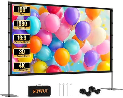STWUI Projector Screen with Stand - 100 Inch Outdoor Projector Screen Portable Projector Screens 16:9 4K HD Outdoor Movie Screen with Carry Bag Can Enioy Home Theater Projection Screen