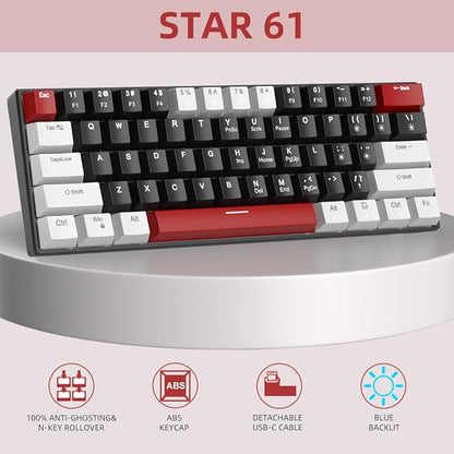 Camiysn 60% Mechanical Gaming Keyboard,Mixed Color Keycaps Gaming Keyboard with Linear Red Switches, Detachable Type-C Cable Mini Keyboard with Blue LED Light for PC/Laptop
