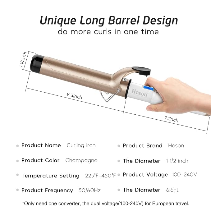 Hoson 1 1/2 Inch Curling Iron Large Barrel, 1.5 Inch Long Barrel Curling Wand Dual Voltage, Ceramic Tourmaline Coating with LCD Display, Glove Include
