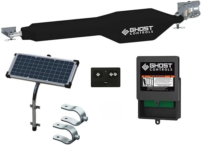 GC GHOST CONTROLS Solar Heavy-Duty Automatic Gate Opener Kit for Driveway Swing Gates with Long-Range Solar Gate Opener Remote - Model TSS1XP