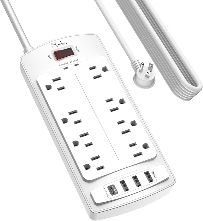Surge Protector Power Strip - Nuetsa Flat Plug Extension Cord with 8 Outlets and 4 USB Ports, 20 Feet Power Cord (1625W/13A), 2700 Joules, ETL Listed, White
