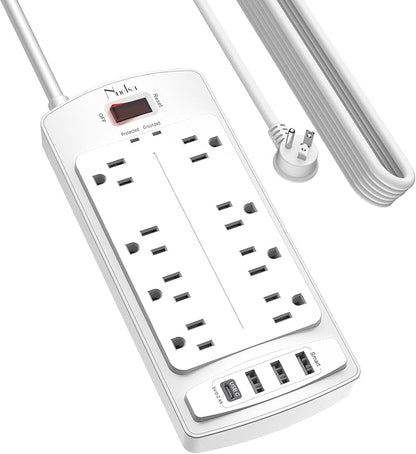 Surge Protector Power Strip - Nuetsa Flat Plug Extension Cord with 8 Outlets and 4 USB Ports, 20 Feet Power Cord (1625W/13A), 2700 Joules, ETL Listed, White