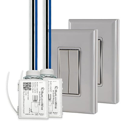 RunLessWire 3-Way Fan & Light Battery-Free DIY Kinetic Wireless Light Switch Kit for Bathrooms & Ceiling Fans: 2 Dual Remote Switches, Both Control 2 5A On/Off Receivers Separately – Gray