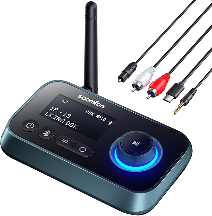 SOOMFON Bluetooth Transmitter for TV 3-in-1 Bluetooth 5.0 Transmitter Receiver for TV to 2 Headphones with LCD Display Adjustable Volume, Optical AUX RCA Bypass for Home Stereo Speaker