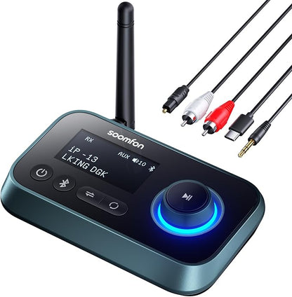 SOOMFON Bluetooth Transmitter for TV 3-in-1 Bluetooth 5.0 Transmitter Receiver for TV to 2 Headphones with LCD Display Adjustable Volume, Optical AUX RCA Bypass for Home Stereo Speaker