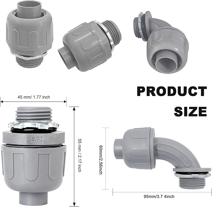 3/4 inch Liquid Tight Connector PVC Flexible Conduit Connector UL Listed Liquid Tight Connector Non-Metallic Electrical Conduit Fittings 30 Pack (15 Pcs 180D/15 Pcs 90D)