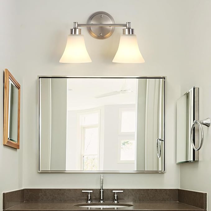 LOUSACE 2 Light Bathroom Vanity Light Brushed Nickel Bathroom Lighting Fixtures Over Mirror with Opal White Frosted Glass, Vintage Traditional Wall Lighting Fixture Satin Nickel Vanity Lights
