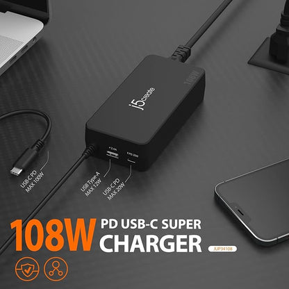 j5create 108W USB Type C PD Super Charger for MacBook Pro, Chromebook, Laptop, Notebook, Tablet, Android, iPhone, iPad Pro, Smart Phone (JUP34108)
