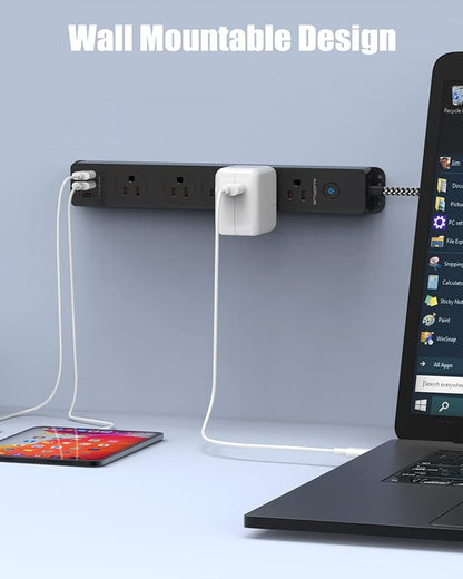 Surge Protector Power Strip with USB C Ports, 10FT Braided Extension Cord, 5 Outlets and 3 USB Ports(1 USB C), AUOPLUS Mountable Power Strips Flat Plug with Overload Protection