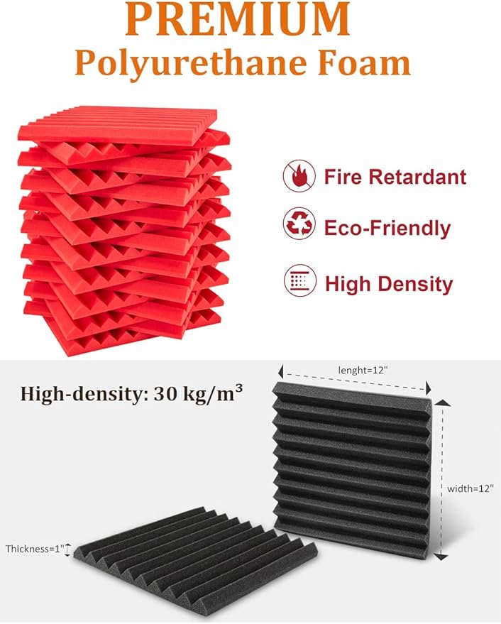 Acoustic Foams Panels 48 Pack 1" x 12"x 12" Sound Proof Foam Panels for Walls High Density and Fire Resistant Soundproofing Panels Soundproof Studio Wedges Sound Dampening Panels Black Red
