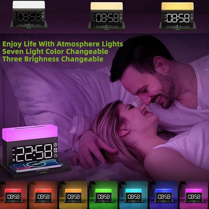 IHAO 6in1 Smart Alarm Clock with Wireless Charger RGB Mood Light 15W Fast Wireless Charging for All Qi Phone TWS Headphone Compliant with i-Watch 7 Color Night Light Large Digital Display-White