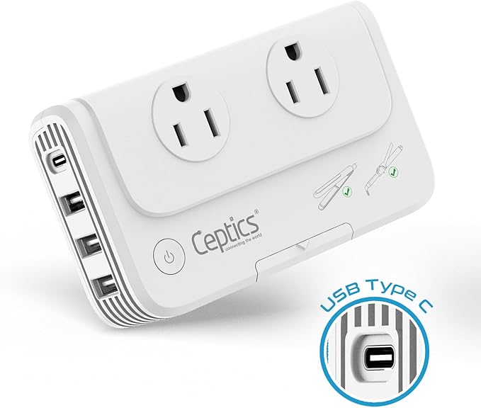 Ceptics Egypt, Dubai, Jordan Voltage Converter, Convert 220V to 110V for Devices Like Curling Iron Straightener Chargers 4 USB PD 18W Fast Charging Type H, C, G