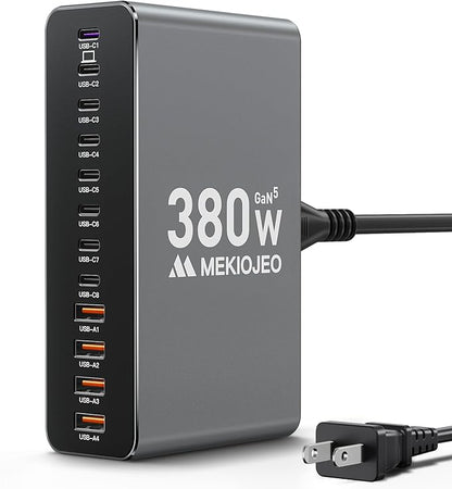 Aluminum Alloy 380W Charging Station Fast USB C Charger Block 12 Ports 65W Laptop GaN Charger for MacBook Pro/Air/iPad Pro/iPhone (Gray)