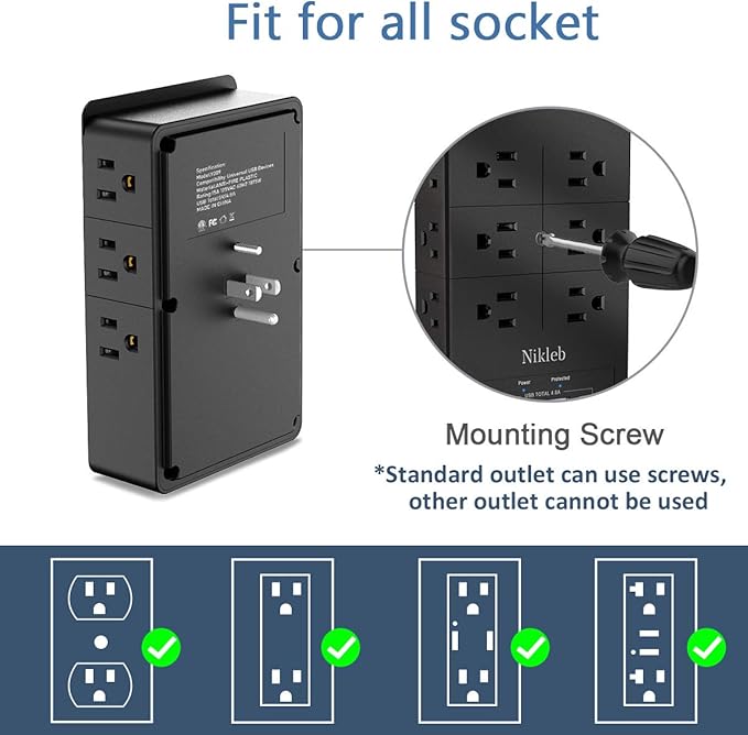 Surge Protector Wall Charger, 12 Wide AC Outlets Power Strip, 4 Ports USB Charging Blocks, Multiple Plug Adapter Wall Mount, Plug Extender Heavy Duty, Outlet Splitter for Home, Office Supplies