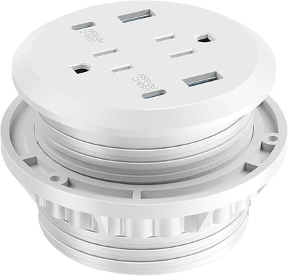 3 inch Desktop Power Grommet USB C,65W Fast Charging Station,Furniture Recessed Power Strip,2 Outlets,4 USB Ports,Flush-Mount for Desktop, Workspace Essential Desk Outlet,2 Pack (White)
