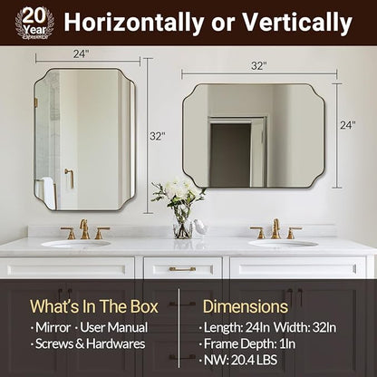 ANDY STAR Brushed Gold Mirror, 24"x32" Bathroom Vanity Mirror, Unique Rectangular Bathroom Mirror with Stainless Steel Metal Framed, Wall Mounted Decorative Mirror (Horizontal/Vertical)