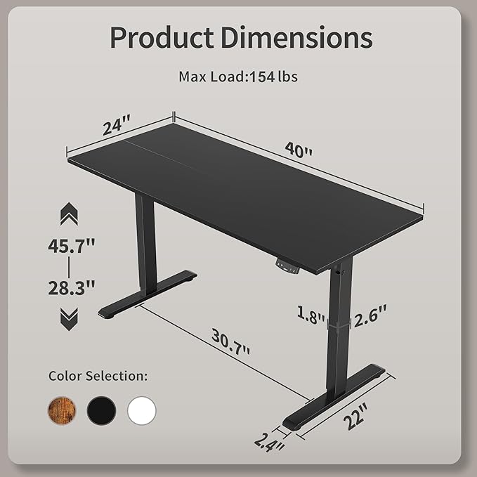 Agilestic Electric Standing Desk 40 x 24 Inches, Height Adjustable Desk, Sit Stand up for Work Office Home, Ergonomic Rising Gaming Computer Table with Memory Preset, Black