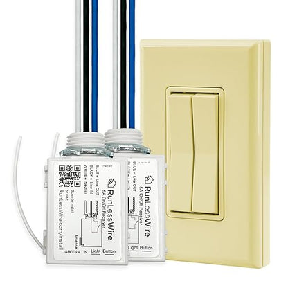 RunLessWire Fan & Light Battery-Free DIY Wireless Light Switch Kit 150ftRF Range Kinetic for Bathrooms & Ceiling Fans: 1 Dual Remote Switch Controls 2 5A On/Off Receivers Separately – Ivory
