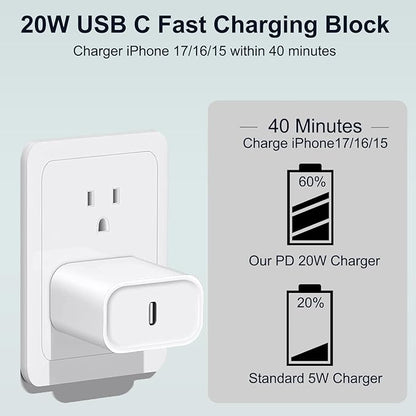 iPhone 17 16 15 Charger Fast Charging 20W Type C Charger Fast Charging with 6FT USB C Woven Cord for iPhone 17/17 Pro/17 Pro Max/17 Air/16/16e/16 Plus/16 Pro/16 Pro Max/15/15 Pro Max/iPad Pro/Air Pods