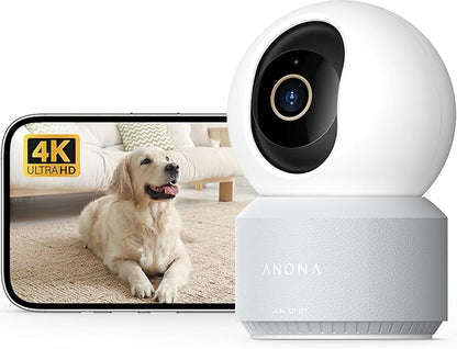 Anona Pano 4K UHD Indoor Camera, Pet/Dog/Baby Security Camera with Phone App, 360° Pan-Tilt, 2.4G/5G Dual-Band Wi-Fi 6, Auto-Tracking, Person/Pet/Baby Crying Detection, Privacy Mode, Two-Way Audio