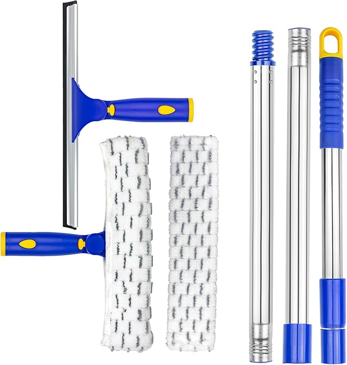 ITTAR Rotatable Window Cleaning Kit, Window Cleaner Squeegee with 60" Extension Pole, Rubber Squeegee & 2 Microfiber Scrubber Combo, Window Washing Equipment for Cleaning Shower, Windows, Car Glass