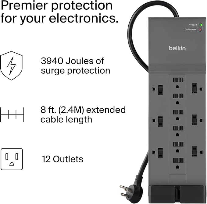 Belkin 12-Outlet Surge Protector Power Strip w/ 12 AC Outlets & 8ft Flat Plug, UL-listed Heavy-Duty Extension Cord for Home, Office, Travel, Computer, Laptop, Charger - 3,940 Joules of Protection
