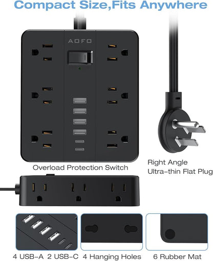 AOFO 20FT Surge Protector Power Strip,12 AC Outlets with 6 USB Ports (2 USB-C), Flat Plug Extension Cord with Multiple Outlets, Wall Mount for Home Office,Dorm,Black