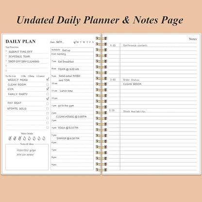Daily Planner Undated - B5 To Do List Notebook Hourly Schedules, Spiral Appointment Planner for Women and Men, PVC Hardcover, Inner Pocket, Elastic Closure, 7" x 10", Rose Leaf