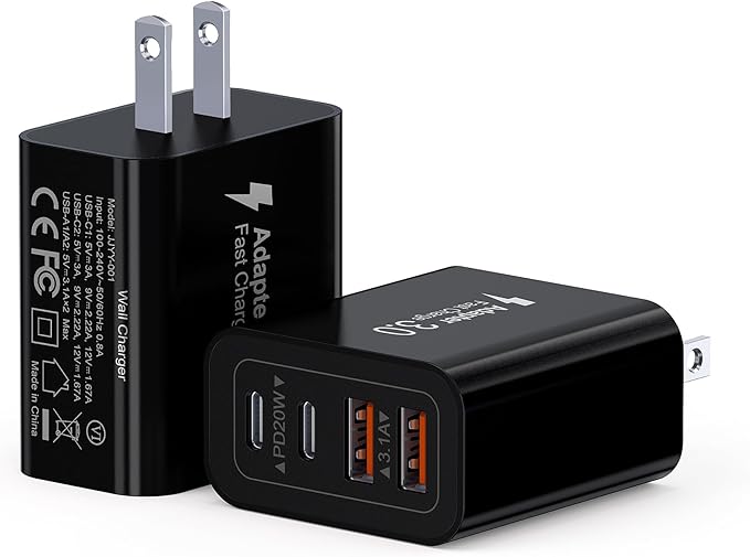 40W USB C Charger Block, 2-Pack 4-Port Type C Fast Charging Brick Dual PD&QC Wall Plug Adapter Power Brick for iPhone 13/14/15/16/17/Pro Max/Plus/iPad/Airpods/iwatch/Samsung Galaxy (Black)