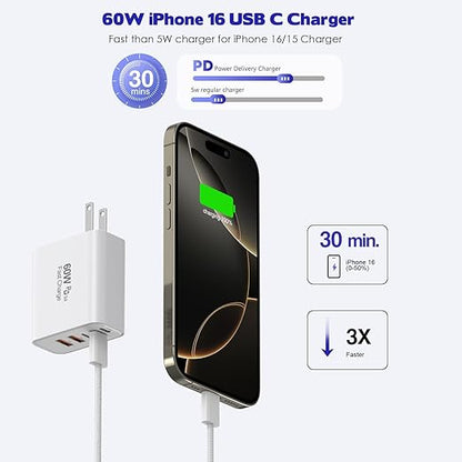 iPhone 17/16 Fast Charger Block,2 Pack 60W USB Charging Block 5-Port Charge Adapter for Apple iPhone Charger with 6FT USB C Woven Fast Charging Cable for iPhone17/16e/16Pro/15ProMax, iPad Pro/Air/Mini