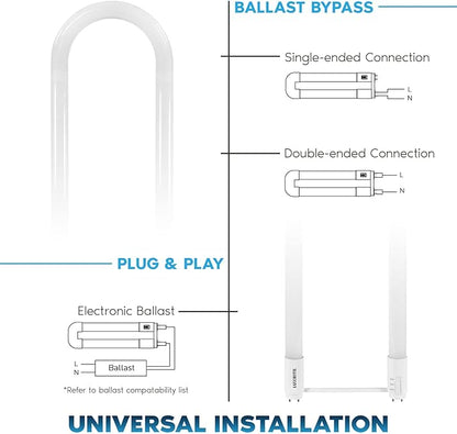 Luxrite U Bend LED Tube Light, T8 T12, 17.5W (32W Equivalent), 3 Colors 3500K | 4000K | 5000K, 2100 Lumens, Fluorescent Light Tube Replacement, Direct or Ballast Bypass, UL Certified, G13 Base, 6-Pack