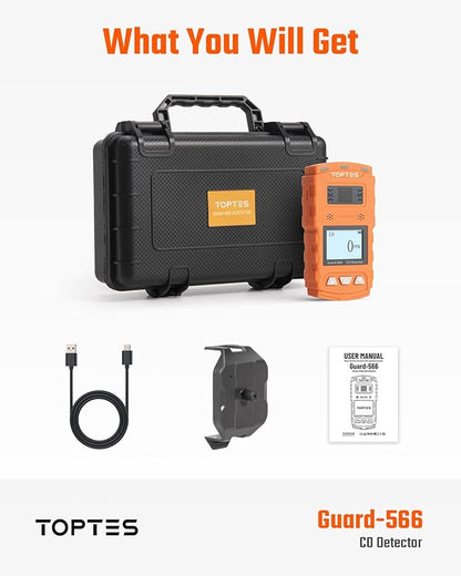 TopTes Guard-566 Portable Carbon Monoxide Detector, Rechargeable CO Detector with Back Clip, Vibration, Visual and Audible Alarms, 168h Long Standby, Adjustable Alarm Thresholds for Home, Work Use