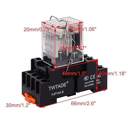 TWTADE AC 110V/120V Relay 5A Electromagnetic Power Coil Relay 14 Pins 4PDT 4NO+4NC HH54P MY4J with Indicator Light & Socket Base -YJ4N-GS