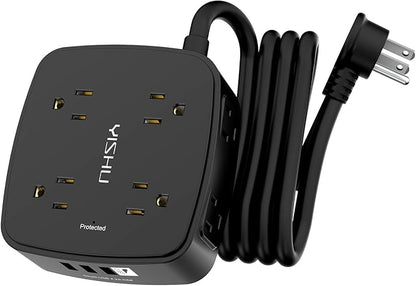 6 Ft Surge Protector Power Strip - 8 Widely Outlets with 4 USB Ports, 3 Side Outlet Extender with 6 Feet Extension Cord, Flat Plug, Wall Mount, Desk USB Charging Station, ETL,Black