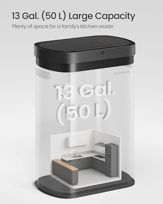 SONGMICS Motion Sensor Trash Can, 13-Gallon (50 L) Automatic Garbage Can with Soft Close Lid, Stainless Steel, Wave or Touch to Open, Includes 15 Bags, Metallic Silver and Ink Black ULTB640E01