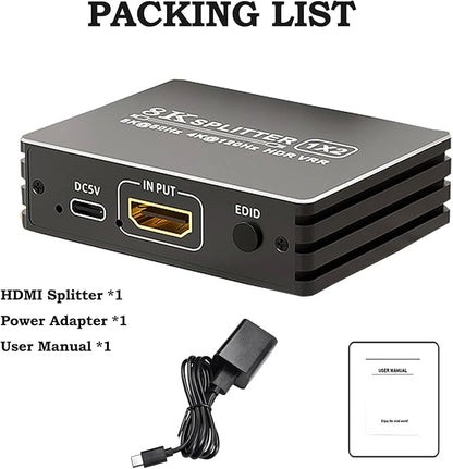 HDMI 2.1 Splitter 1 in 2 Out 4K 120Hz 8K 60Hz with Audio Out, BolAAzuL 1x2 HDMI Y Splitters Powered Plug&Play for Dual Monitors Duplicate, Zero Latency, Support HDCP 2.3 HDR for PS5/Xbox/PC/TV