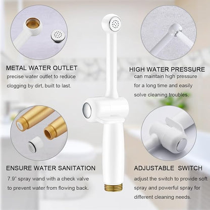 Handheld Bidet Toilet Sprayer, White Bidet Spray for Toilet, Cloth Diaper Sprayer with Backflow Preventer, Adjustable Water Jet Spray with 7.9" Long Wand