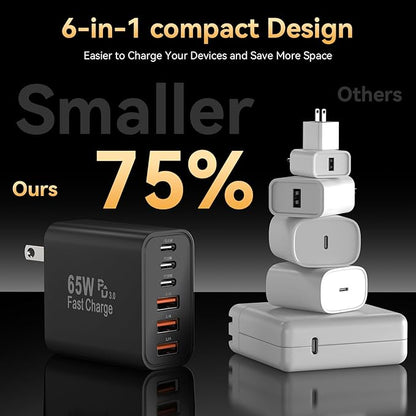 USB C Fast Charger Block, iPhone Charger Fast Charging Blocks 65W Multi Port Charger 6-Ports PD & QC Charging Cube Brick Power Adapter Type C Wall Chargers for iPhone 17/16/15/14/13/12 Pro Max, iPad