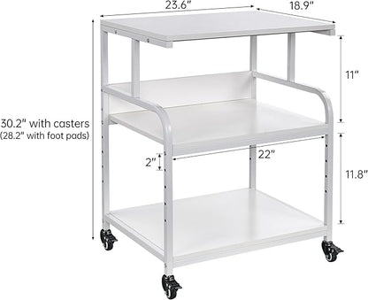 Fannova White Printer Stand, 23.6 x18.9 x 30 Inches Big Size Printer Table with Adjustable Shelf, 3 Tier Rolling Printer Cart with Wheels for Home Office Storage and Organization