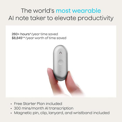 Plaud NotePin S AI Voice Recorder, Wearable AI Notetaker, AI Transcribe & Summarize, Support 112 Languages, 64GB Memory, Audio Recorder for Meetings Interviews with 4 Accessories, Silver