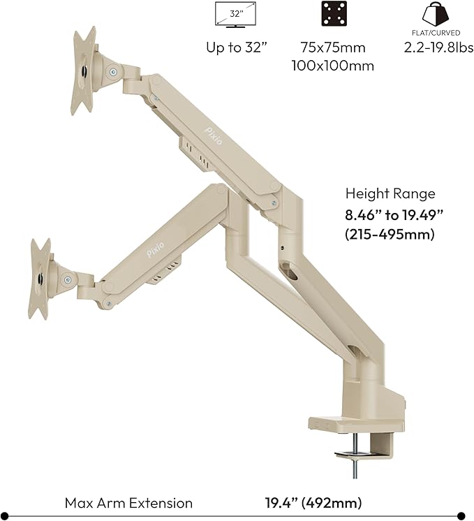 Pixio PS1D Wave Beige Dual Monitor Arm Stand Desk Mount - Fits up to 32 inches Monitors and up to 19.8lbs. VESA Compatibility and Integrated Cable Management