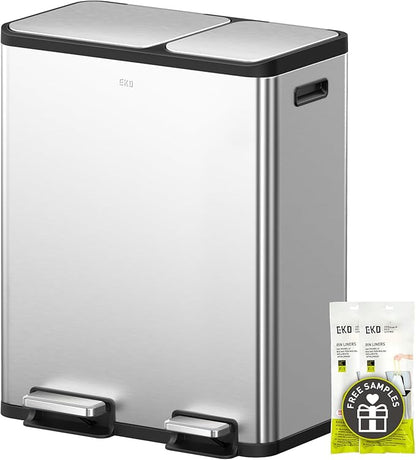 EKO EcoCasa Stainless Steel Dual Step Trash Can for Recycling, 30L+20L Rectangular Kitchen Trash Can, Independent Pedals and Lids, Soft Close and Fingerprint Resistant