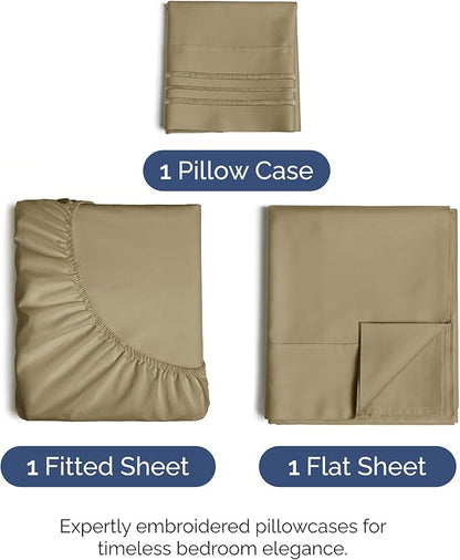 Twin XL Size 3 Piece Sheet Set - Comfy Breathable & Cooling Bed Sheets Set - Hotel Luxury Bedding for Women, Men, Kids, Teens, Boys & Girls - Deep Pockets, Ultra-Soft, Wrinkle Free - Oeko-Tex - Khaki