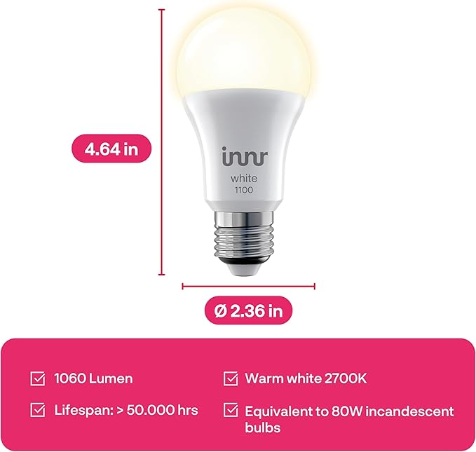 innr Smart Light Bulbs, A19 Zigbee, Works with Philips Hue* and Alexa (Bridge Required), Soft White Light Bulb, Dimmable, E26 LED Bulb 75 Watt, Warm White, 1060lm 2-Pack