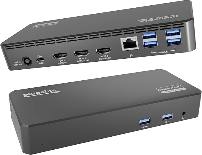 Plugable USB C Triple Display Docking Station | 100W PD, 3x HDMI (1x 4K 30Hz, 2x 1080p 60Hz), 6x USB 5Gbps Ports | Windows, macOS, ChromeOS Compatible - Enhance Productivity with Multi-Monitor Support