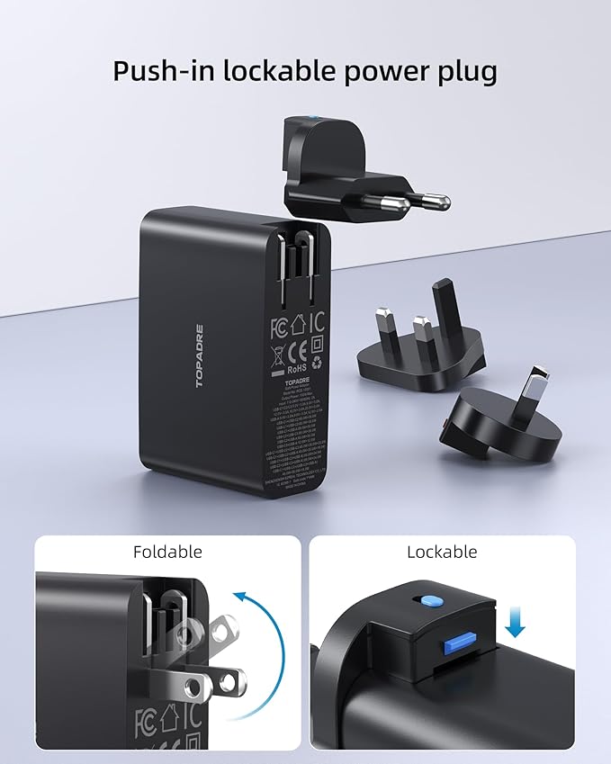 100W USB C Travel Charger, 4-Ports Foldable Travel Adapter Plug Converter with UK/EU/AU Plugs, Fast Charging for MacBook Pro/Air, iPad Pro, iPhone 15/14 Pro Max, for 45w Samsung Galaxy, Black